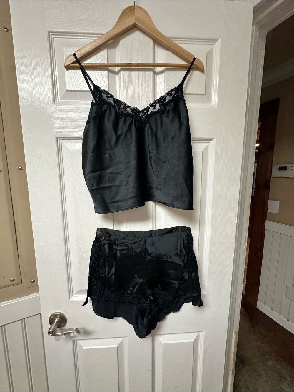 Victoria's Secret Black Satin Cami & Lace-Trim Shorts Set